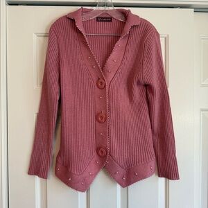 Jaiyou Pink Cardigan Cable Knit Sweater With Buttons - Size S/M with Pearls